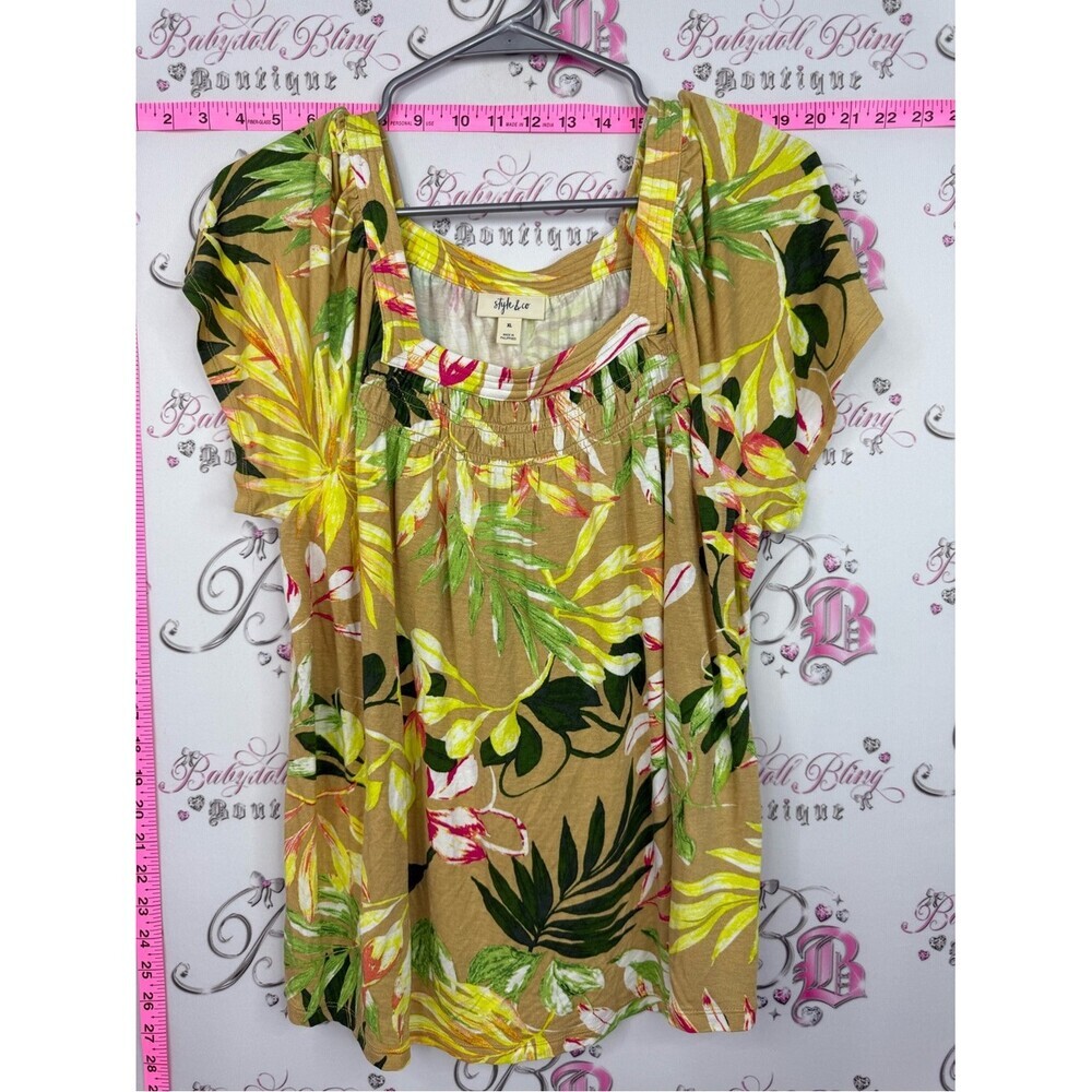 Style & Co. Tropical Floral Scoop Neck Tunic in Tan, Yellow & Green